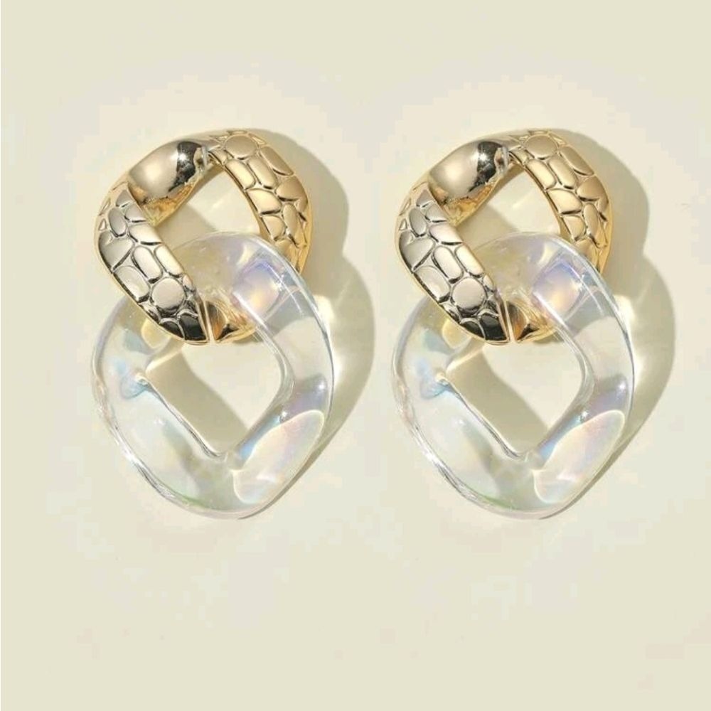 Gold Statement Hoop Earrings Chunky Clear Resin Chain Link Oversized 💖